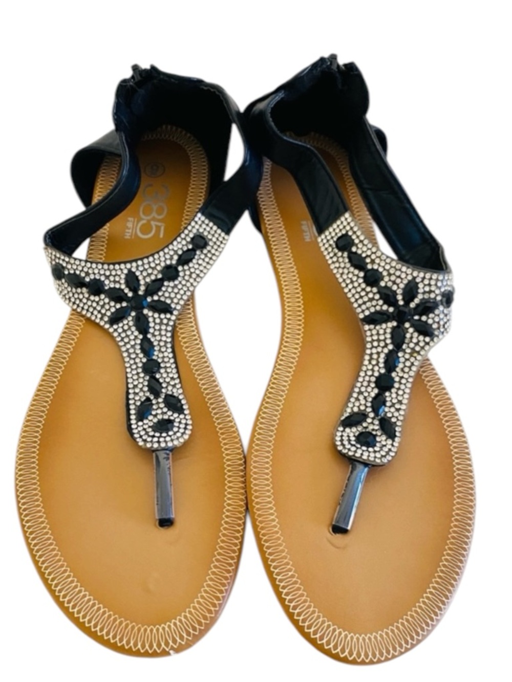 385 Fifth Sandals 9 Black & Silver Rhinestone Boho Shoes Festival Beach Vacation